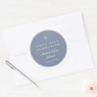 Elegant Dusty Blue Cross Boy First Communion Classic Round Sticker