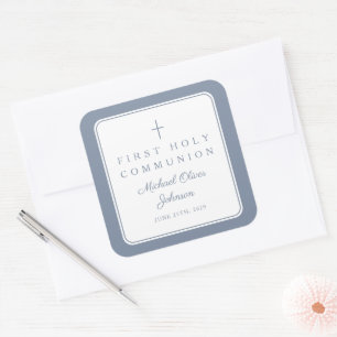 Elegant Dusty Blue Cross Boy First Communion Square Sticker