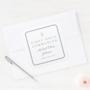 Elegant Dusty Blue Cross Boy First Communion  Square Sticker