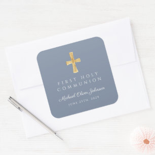 Elegant Dusty Blue Cross Boy First Communion Square Sticker