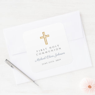 Elegant Dusty Blue Cross Boy First Communion Square Sticker