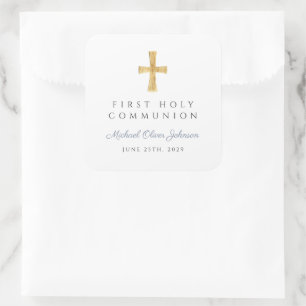Elegant Dusty Blue Cross Boy First Communion Square Sticker