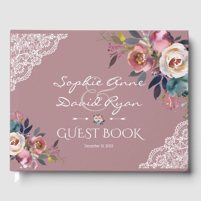 Elegant Dusty Blue Dusty Rose Flowers Wedding Guest Book (Front)