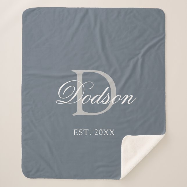 Elegant Dusty Blue Established Wedding Monogram Sherpa Blanket (Front)