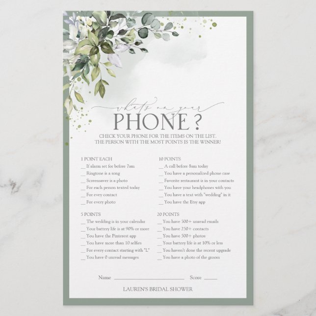 Elegant Dusty Blue Eucalyptus Bridal Shower Game (Front)