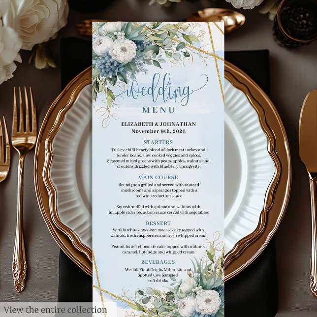 Elegant Dusty Blue Eucalyptus Floral Wedding Menu (Elegant Dusty Blue Eucalyptus Floral Wedding Menu)
