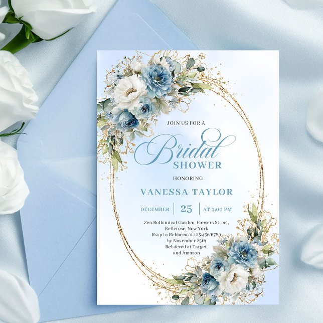 Elegant Dusty Blue Eucalyptus Gold Bridal Shower  Invitation (Elegant Dusty Blue Eucalyptus Gold Bridal Shower Invite)