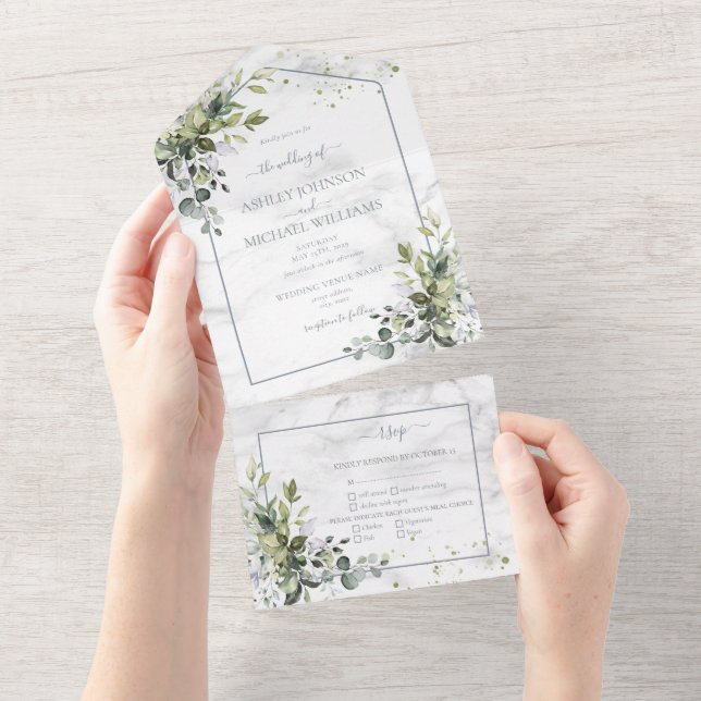 Elegant Dusty Blue Eucalyptus Greenery Marble All In One Invitation (Tearaway)