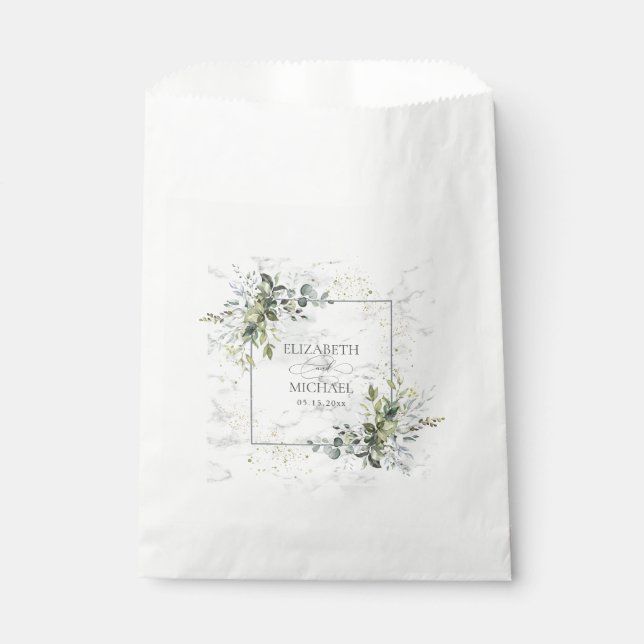 Elegant Dusty Blue Eucalyptus Greenery Marble Favour Bags (Front)