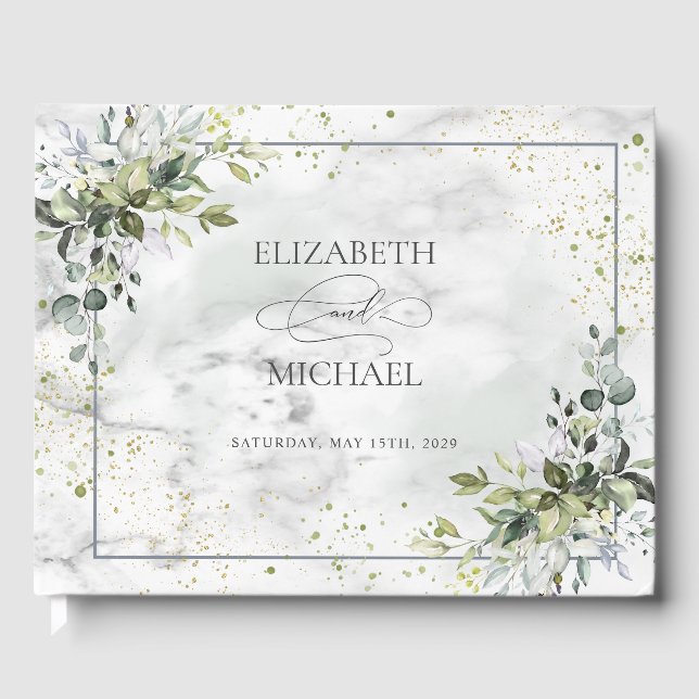 Elegant Dusty Blue Eucalyptus Greenery Marble Guest Book (Front)