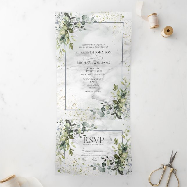 Elegant Dusty Blue Eucalyptus Greenery Marble Tri-Fold Invitation (Inside)