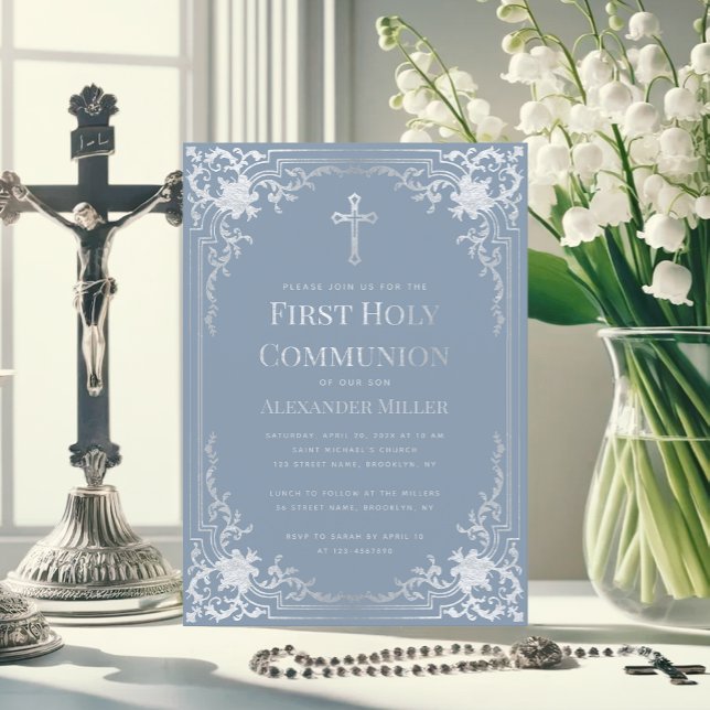 Elegant Dusty Blue Faux Silver Boy First Communion Invitation (Creator Uploaded)