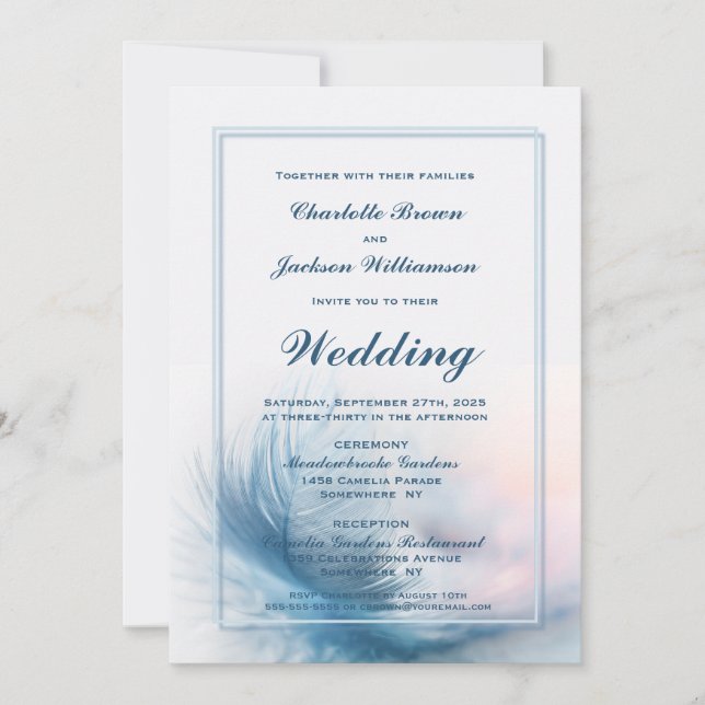 Elegant Dusty Blue Feather Wedding Invitation (Front)