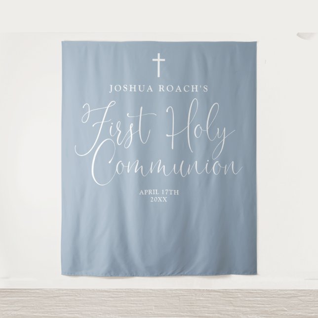 Elegant Dusty Blue First Holy Communion Backdrop Tapestry (Front)