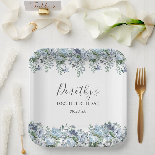 Elegant Dusty Blue Floral 100th Birthday Custom Paper Plate (Wedding)