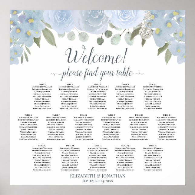 Elegant Dusty Blue Floral 16 Table Seating Chart (Front)