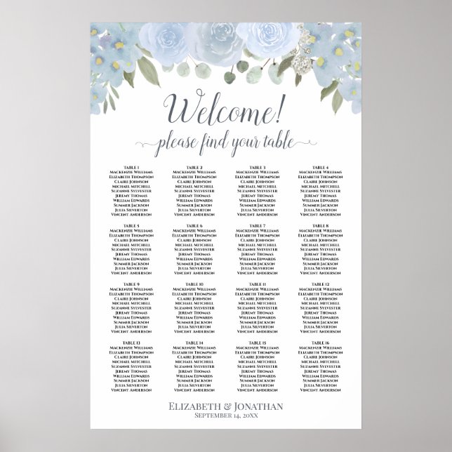 Elegant Dusty Blue Floral 16 Table Seating Chart (Front)
