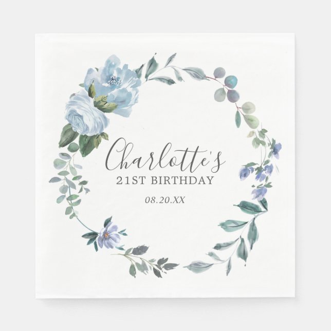 Elegant Dusty Blue Floral 21st Birthday Custom Napkin (Front)