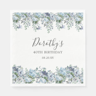 Elegant Dusty Blue Floral 40th Birthday Custom Napkin