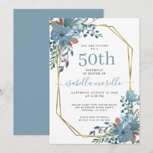 Elegant Dusty Blue Floral 50th Birthday Invitation
