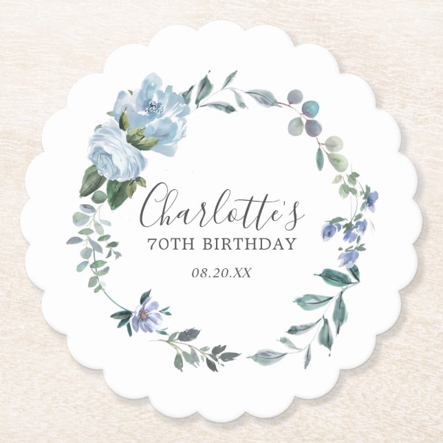 Elegant Dusty Blue Floral 70th Birthday Custom Paper Coaster (Front)