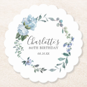 Elegant Dusty Blue Floral 80th Birthday Custom Paper Coaster