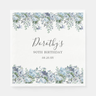 Elegant Dusty Blue Floral 90th Birthday Custom Napkin
