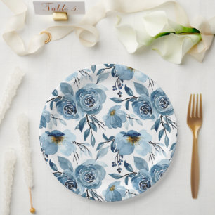 Elegant Dusty Blue Floral and White Round Party  Paper Plate