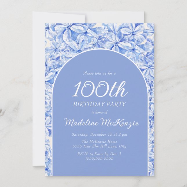 Elegant Dusty Blue Floral Arch 100th Birthday Invitation (Front)