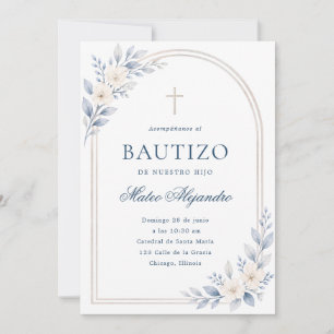 Elegant Dusty Blue Floral Arch Spanish Bautizo Invitation