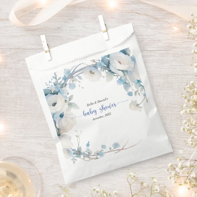 Elegant Dusty Blue Floral Baby Shower Favour Bags (Clipped)