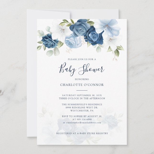 Elegant Dusty Blue Floral Baby Shower Invitation (Front)