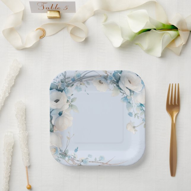 Elegant Dusty Blue Floral Baby Shower Paper Plate (Wedding)