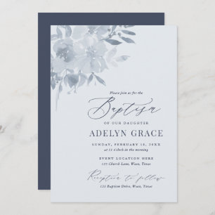 Elegant Dusty Blue Floral Baptism Invitation