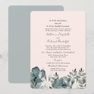 Elegant Dusty Blue Floral & Blush Wedding Invitation