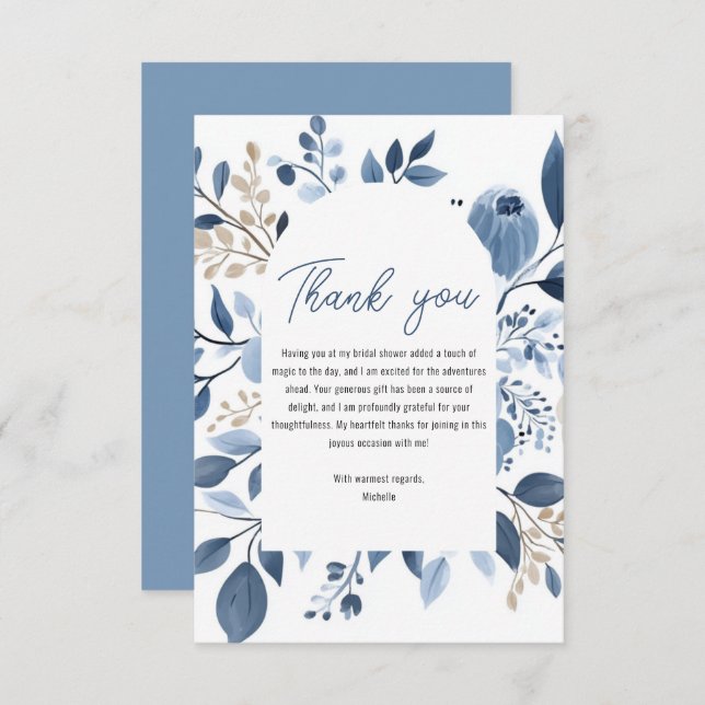 Elegant Dusty Blue Floral Boho Bridal Shower Thank You Card (Front/Back)
