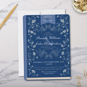 Elegant Dusty Blue Floral Book Cover Wedding Invitation