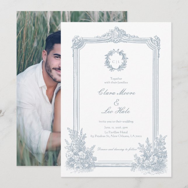 Elegant Dusty Blue Floral Border Wedding Photo  Invitation (Front/Back)