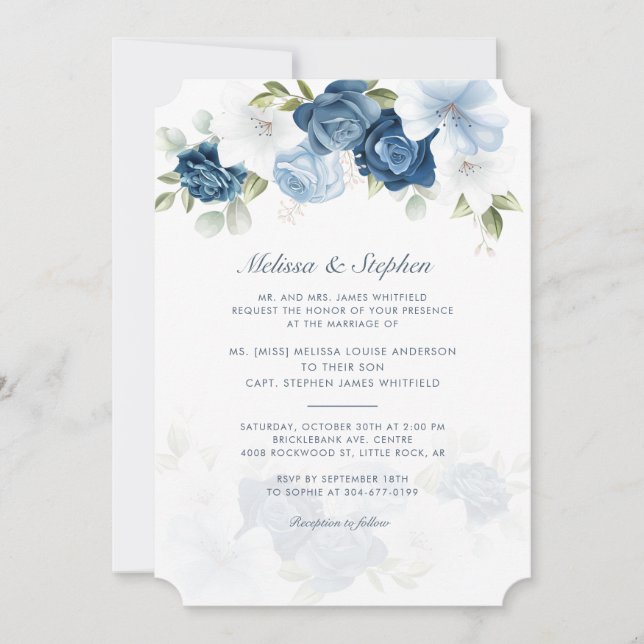 Elegant Dusty Blue Floral Botanical Wedding Invitation (Front)
