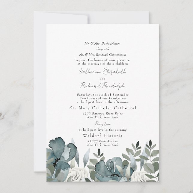 Elegant Dusty Blue Floral Both Parents Wedding Invitation (Front)