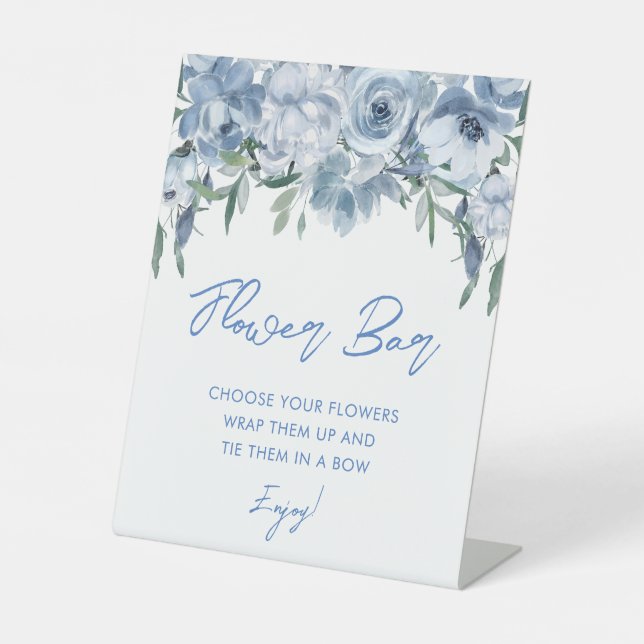 Elegant Dusty Blue Floral Bouquet Flower Bar Pedestal Sign (Front)