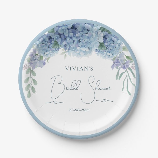 Elegant Dusty Blue Floral Bouquet Paper Plate (Front)