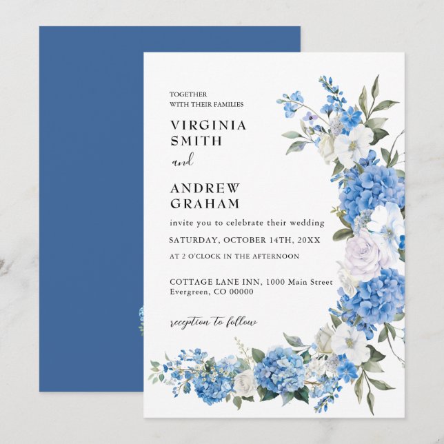 Elegant Dusty Blue Floral Bow Wedding Invitation (Front/Back)
