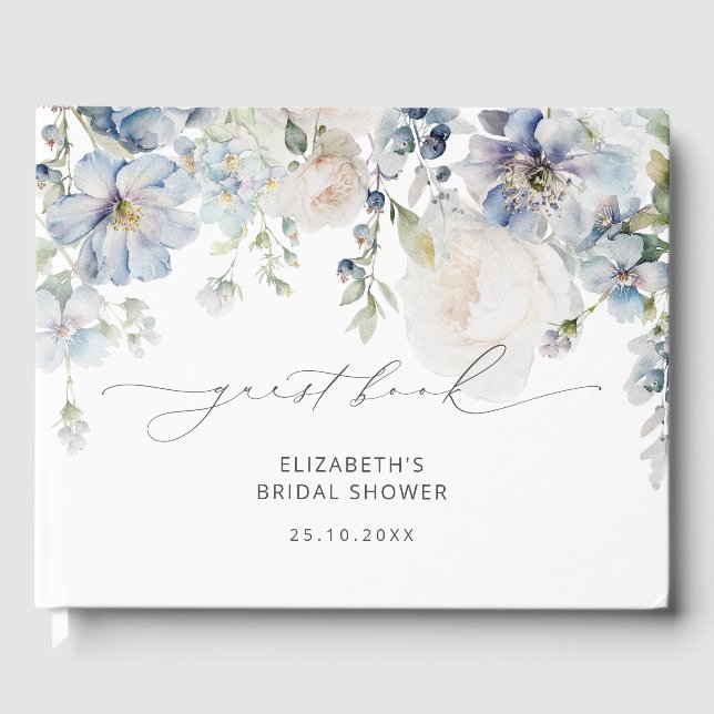 Elegant Dusty Blue Floral Bridal Shower Guest Book (Front)