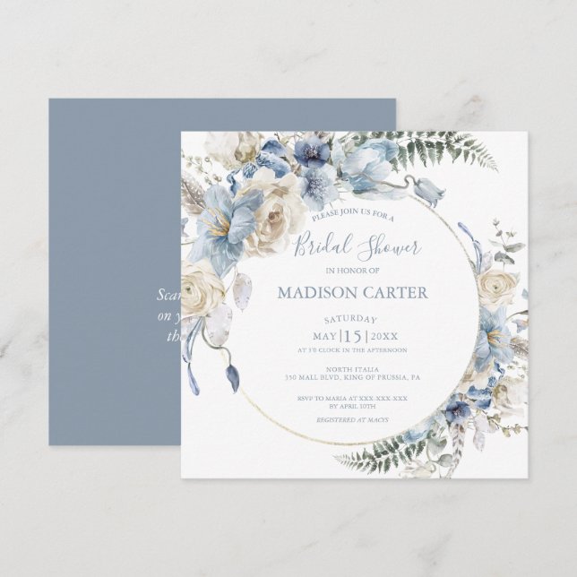 Elegant Dusty Blue Floral Bridal Shower Invitation (Front/Back)