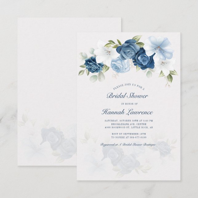 Elegant Dusty Blue Floral Bridal Shower Invitation (Front/Back)