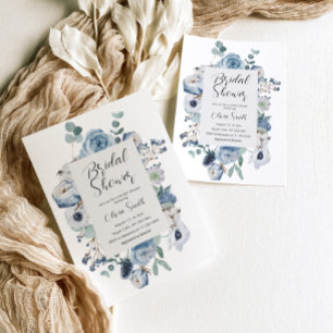 Elegant dusty blue floral bridal shower invitation