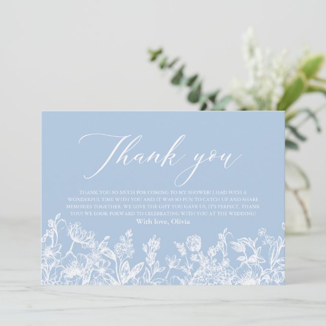 Elegant Dusty Blue Floral Bridal Shower Thank You Card (Standing Front)