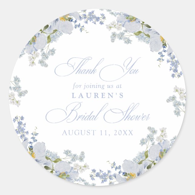 Elegant Dusty Blue Floral Bridal Shower Thank You Classic Round Sticker (Front)