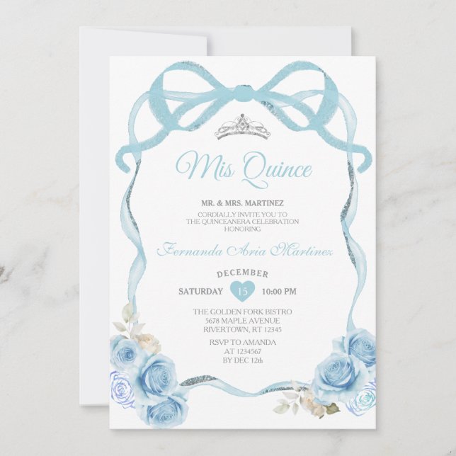Elegant Dusty Blue Floral Butterfly Mis Quince Invitation (Front)